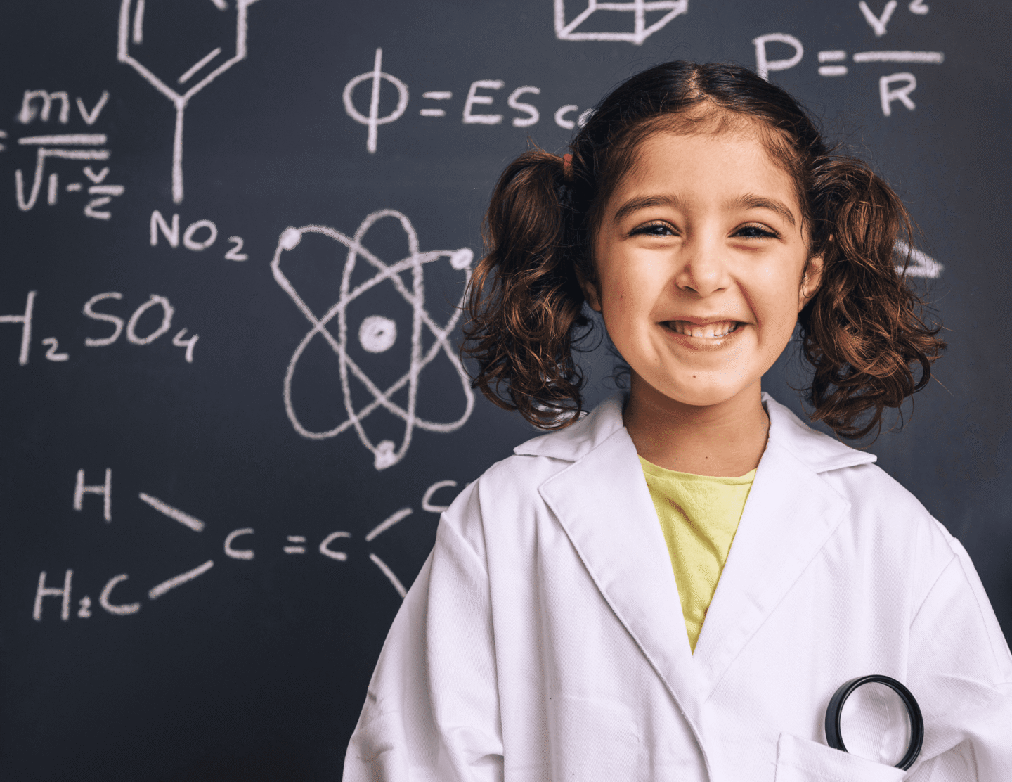 Smiling young girl in lab coat with science formulas on chalkboard background
