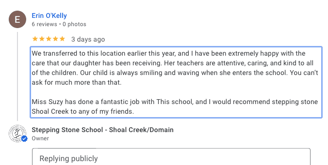 Preschool Review for Stepping Stone School Shoal Creek