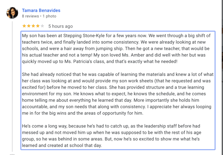 Preschool Review for Stepping Stone School Kyle