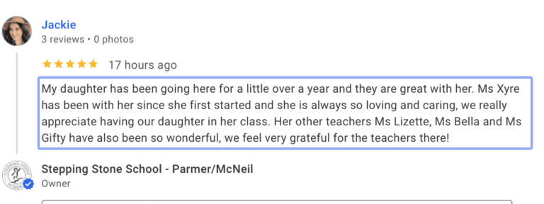 Preschool Review for Stepping Stone School Parmer