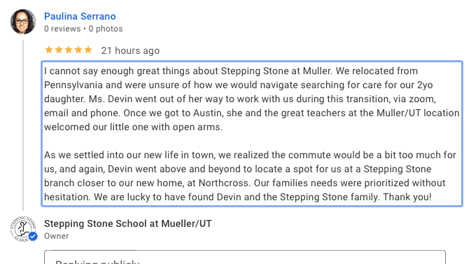 Preschool Review for Stepping Stone School Mueller