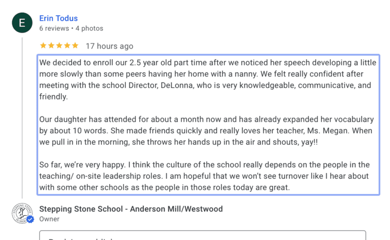 Preschool Review for Stepping Stone School Anderson Mill