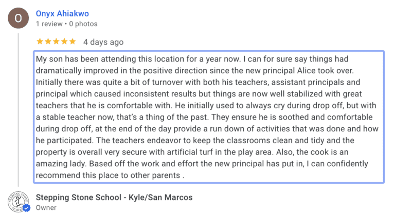 Preschool Review for Stepping Stone School Kyle