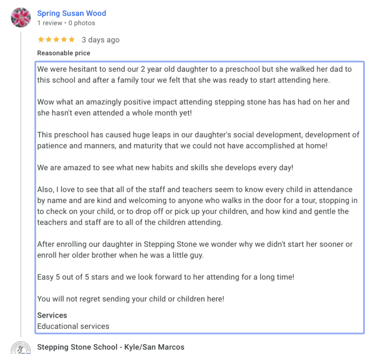 Preschool Review for Stepping Stone School Kyle