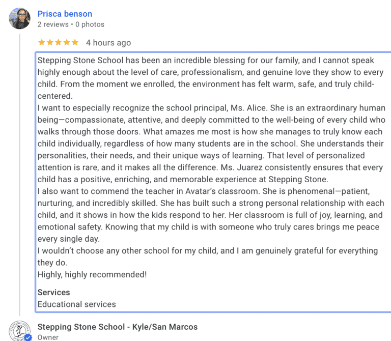 Preschool Review for Stepping Stone School Kyle