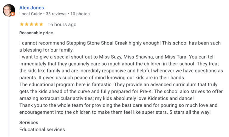 Preschool Review for Stepping Stone School Shoal Creek