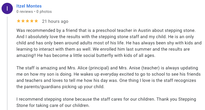 Preschool Review for Stepping Stone School Kyle
