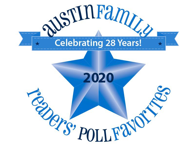 Austin Family magazine logo celebrating 28 years with a blue star and 2020 readers’ poll favorites theme.