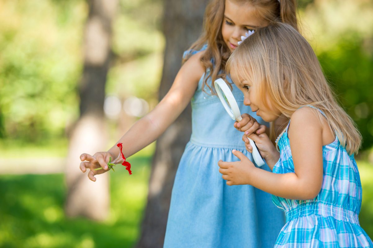 Two young girls exploring a flower with a magnifying glass in a sunny park