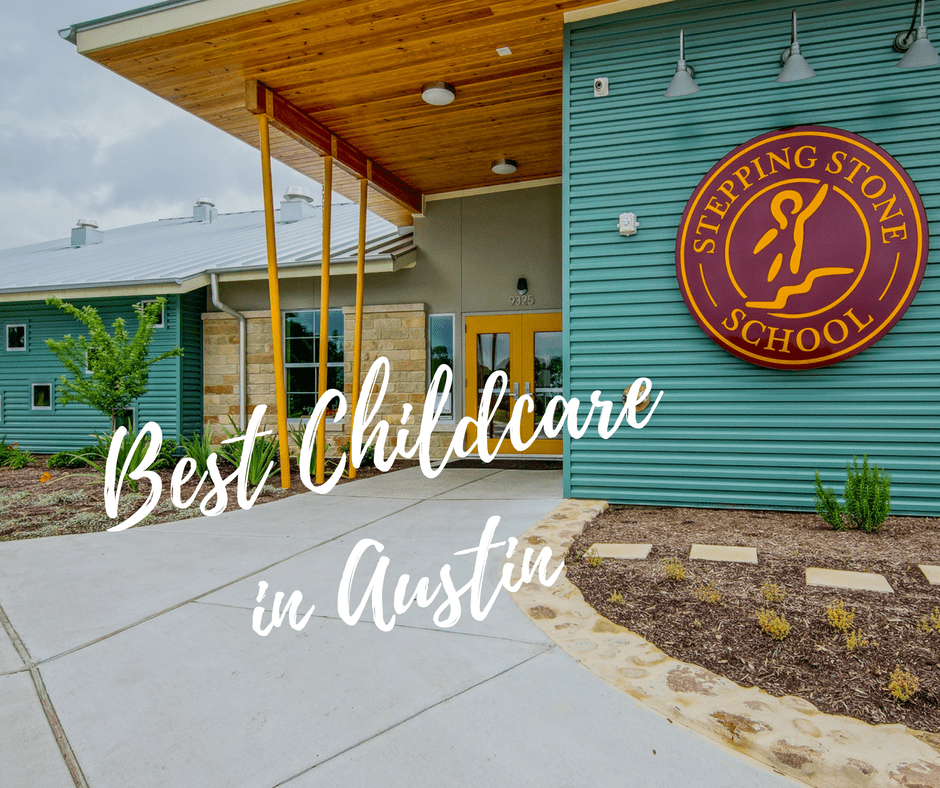 Front entrance of a modern childcare facility in Austin with signage and landscaping
