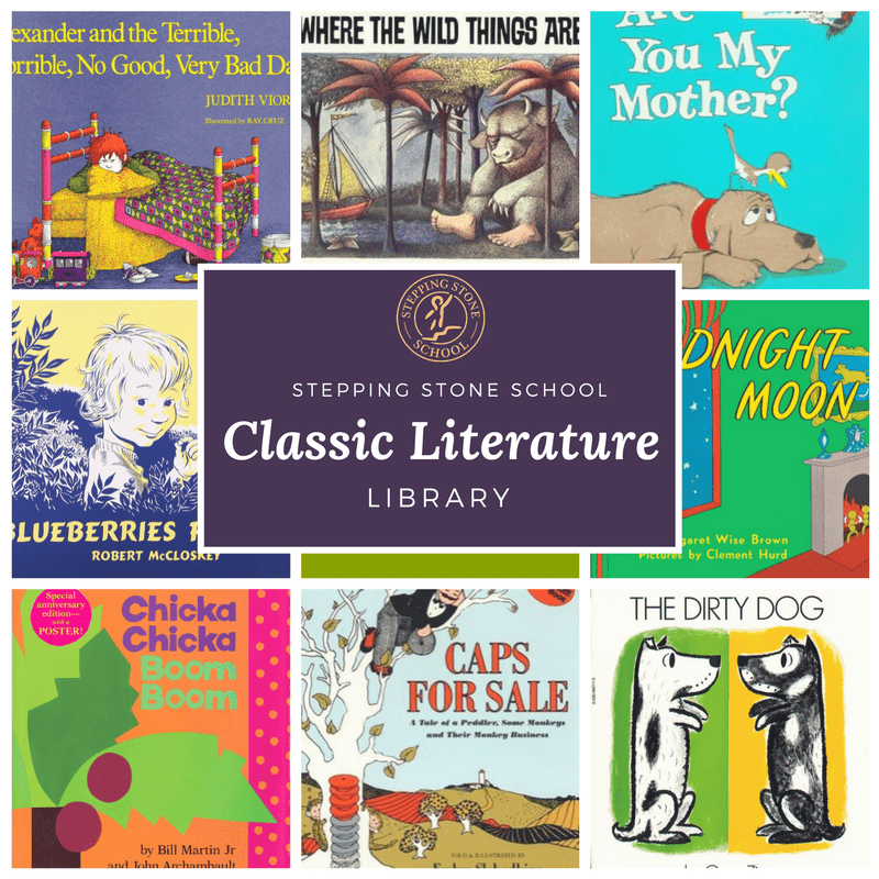 Stepping Stone School Classic Literature Library collage featuring popular children's book covers