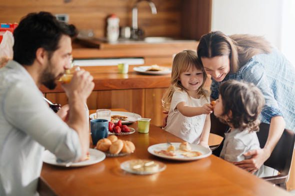 Family enjoying breakfast together in a cozy kitchen setting
