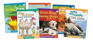 Children's educational books about animals and nature in a colorful display.
