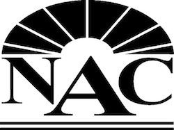Black and white NAC logo with sunburst design above letters