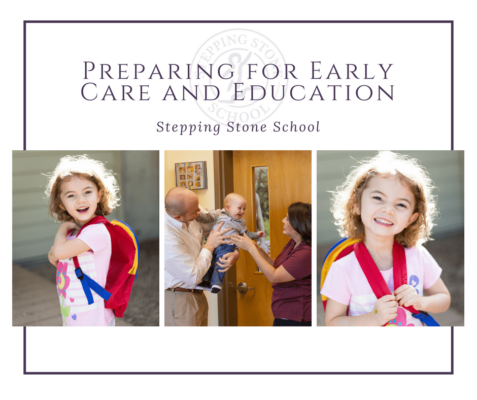 Smiling child with backpack and parents at school door for early education preparation
