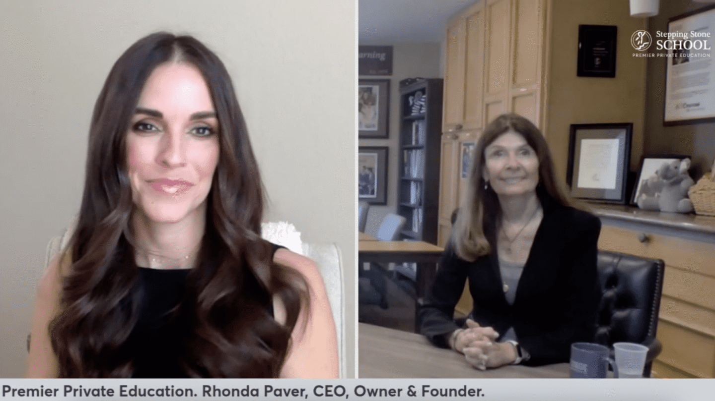 Two women in a professional video call setting discussing private education.