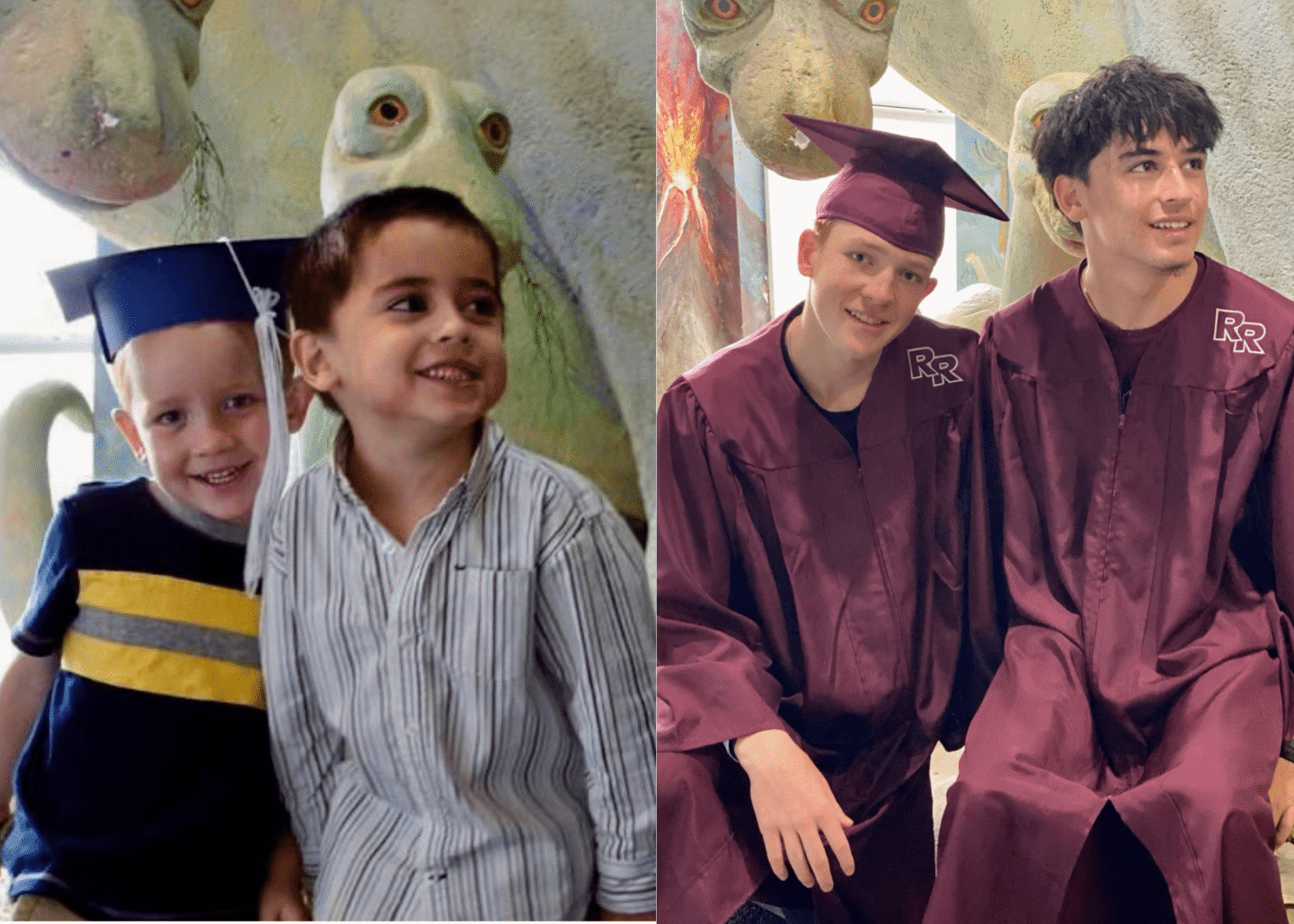 Two young boys in graduation outfits and two teenagers in maroon gowns smiling at a theme park.