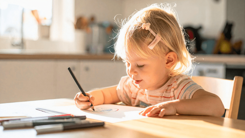 Toddler drawing with colored pencils at a sunlit table in a cozy kitchen