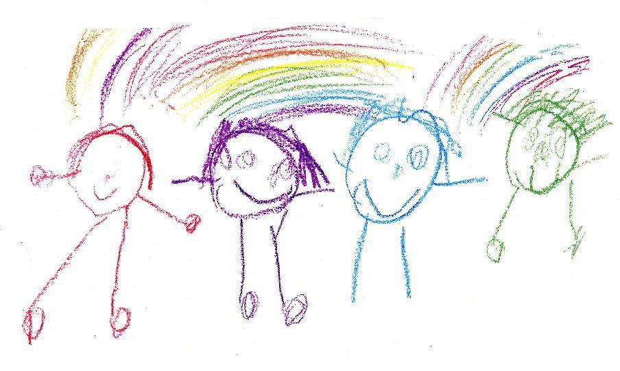 Colorful children’s crayon drawing with four smiling figures and rainbow arches.