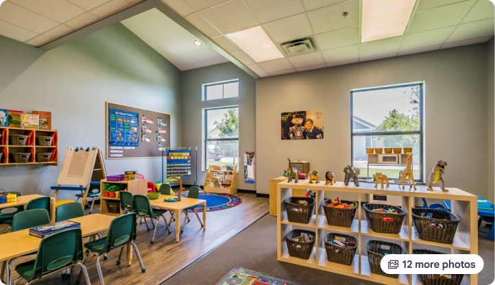 Bright and colorful classroom with child-sized tables and educational toys