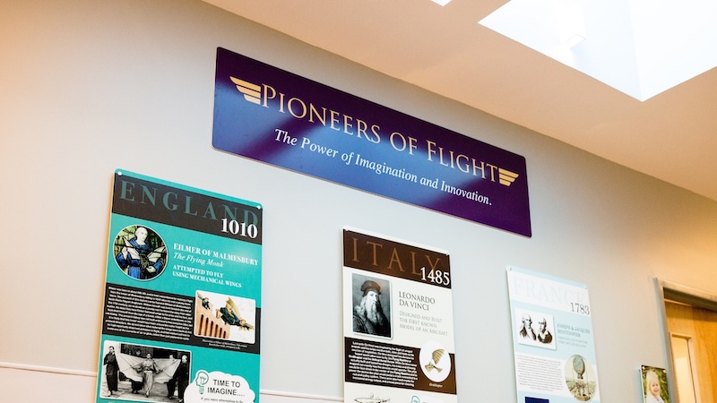 Pioneers of Flight exhibit display featuring historical aviation innovators from England Italy and France