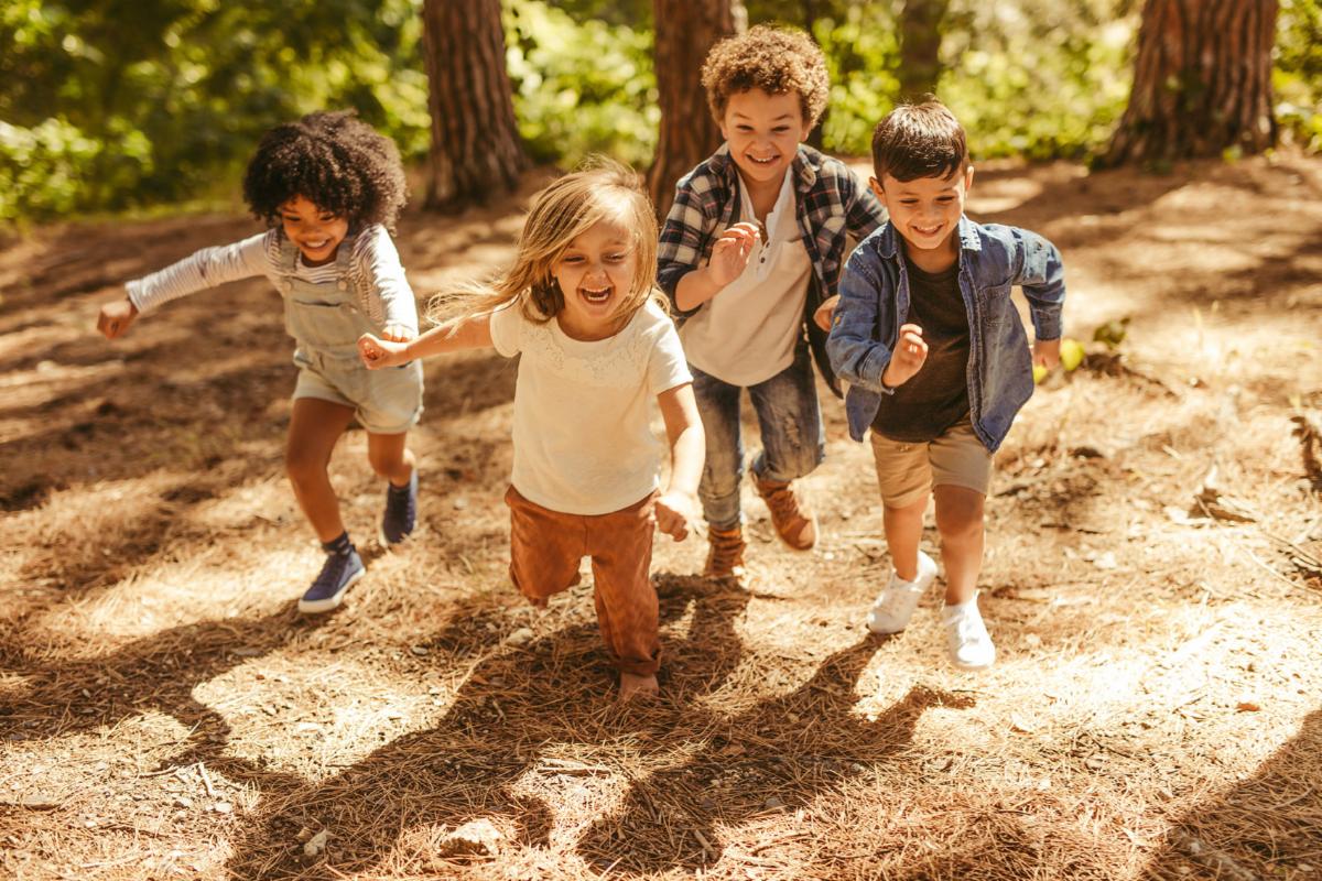 Kids joyfully running through a sunlit forest trail