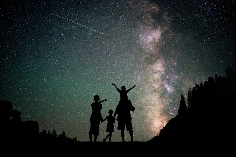 Family stargazing at night under a bright Milky Way and shooting star