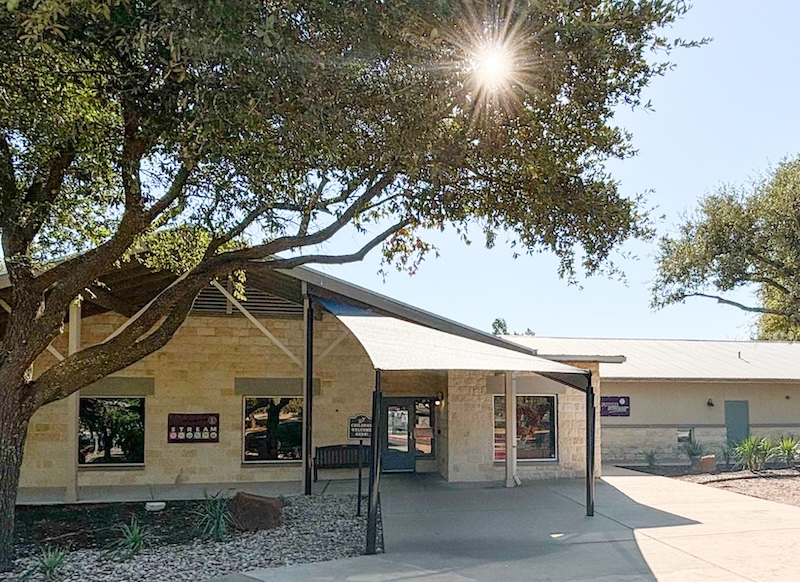 Sunlit building entrance with large tree providing shade and clear blue sky in the background