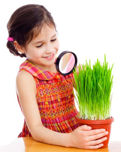 Girl examining potted grass with magnifying glass, wearing colorful dress, sits at wooden table