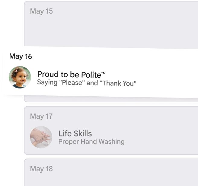 May calendar showing lessons on politeness and handwashing for kids