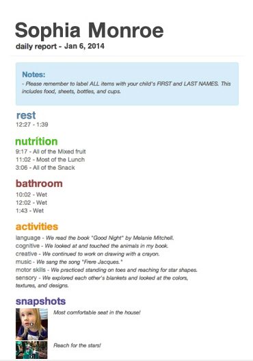 Child's daily report with notes on rest, nutrition, bathroom, activities, and snapshots from January 6, 2014.